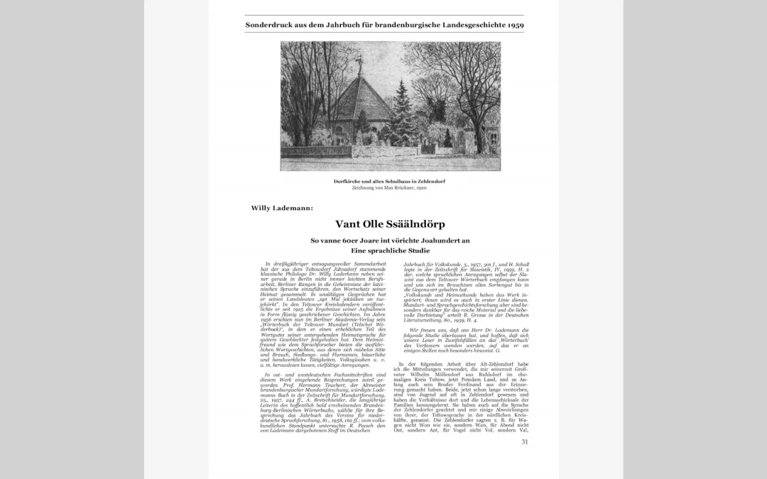 Sprachliche Studie: „Vant Olle Ssäälndörp – So vanne 60er Joare int vörichte Joahundert an“. 1959.